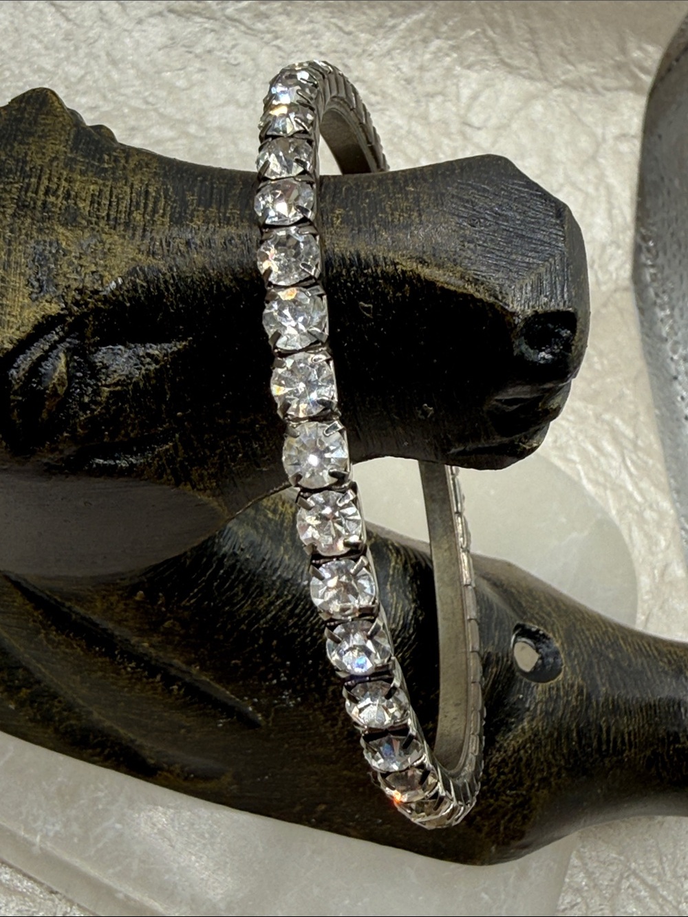 Rhinestone prong set vintage Bracelet - Silver Tone bangle larger stones & size